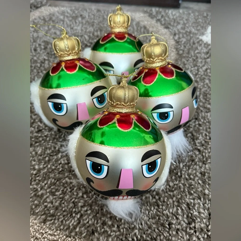 Vintage Pier 1 Round Glass Ball Nutcracker Ornaments Set of 4.